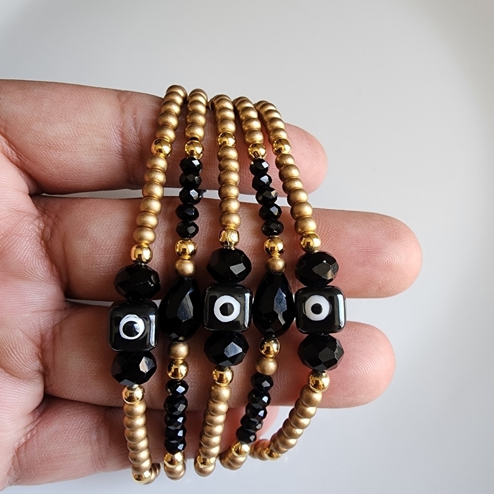 Chic Black and Gold Beaded Bracelet Set